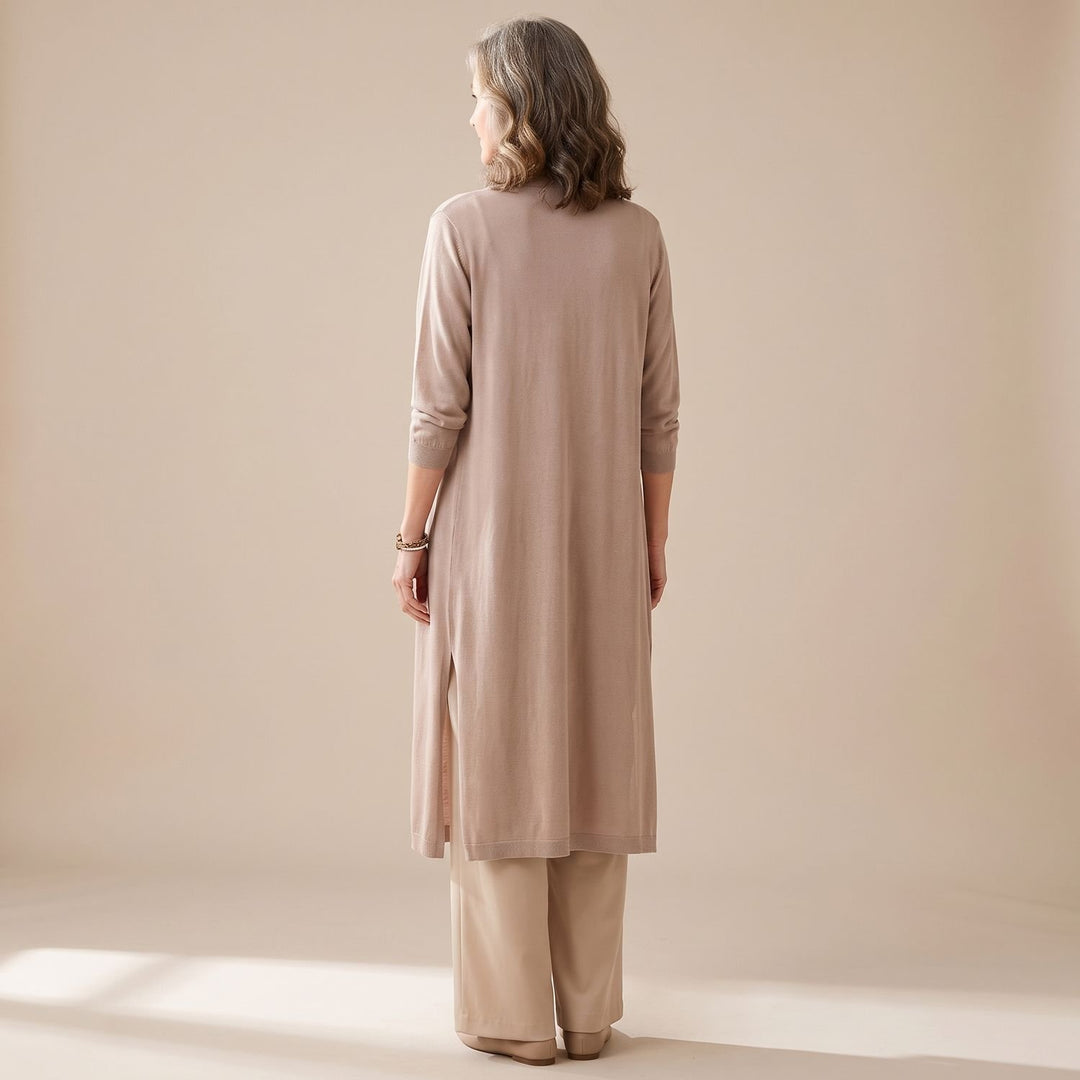 Women's Open-Front Long Cardigan 3/4 Sleeve Side-Slit Coatigan - Camel