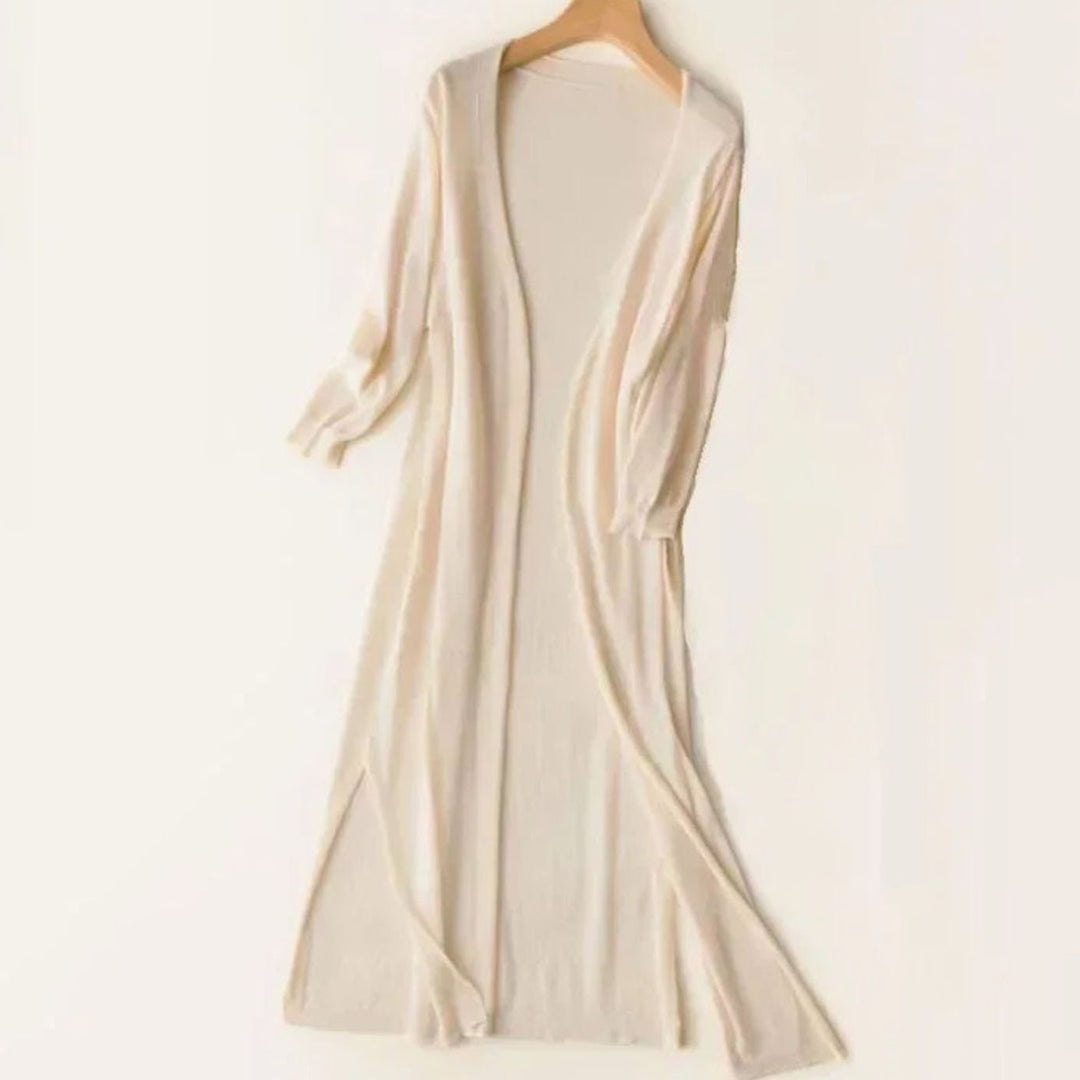 Women's Open-Front Long Cardigan 3/4 Sleeve Side-Slit Coatigan - Apricot