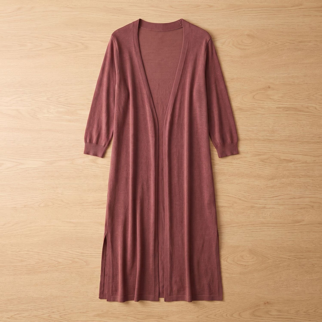 Women's Open-Front Long Cardigan 3/4 Sleeve Side-Slit Coatigan - Pink
