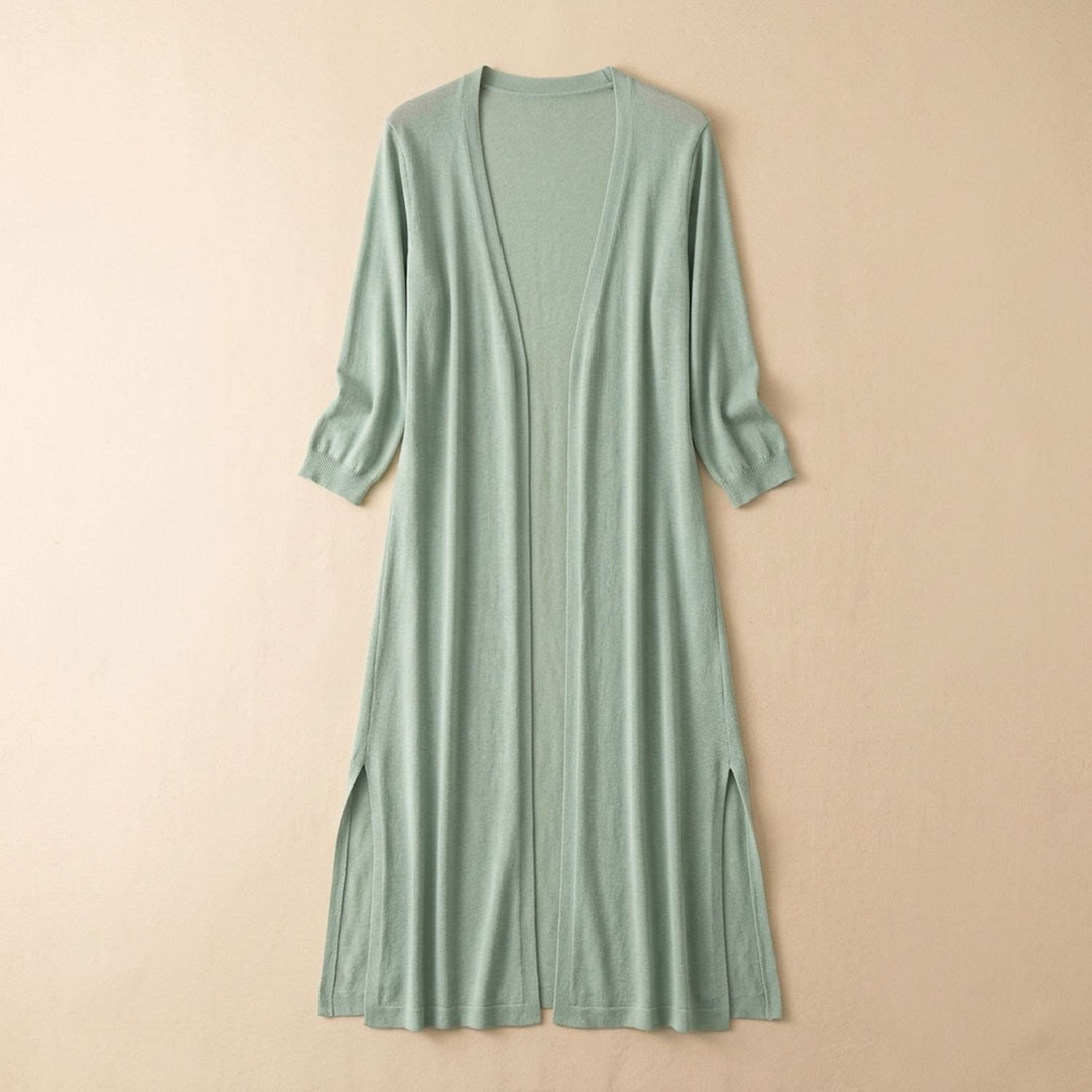 Women's Open-Front Long Cardigan 3/4 Sleeve Side-Slit Coatigan - Green
