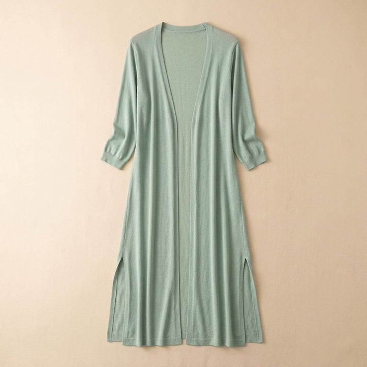 Women's Open-Front Long Cardigan 3/4 Sleeve Side-Slit Coatigan - Green