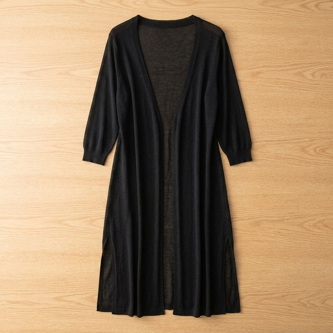 Women's Open-Front Long Cardigan 3/4 Sleeve Side-Slit Coatigan - Black