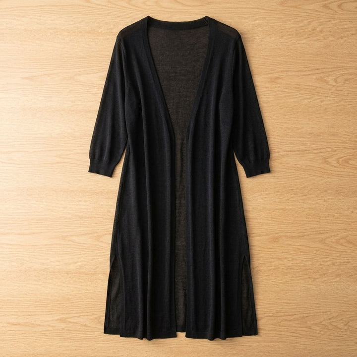 Women's Open-Front Long Cardigan 3/4 Sleeve Side-Slit Coatigan - Black