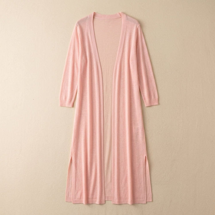 Women's Open-Front Long Cardigan 3/4 Sleeve Side-Slit Coatigan