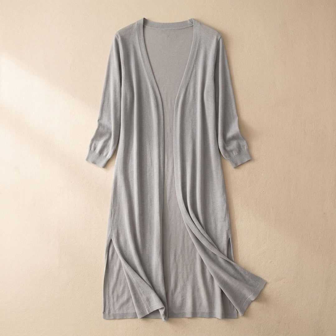 Women's Open-Front Long Cardigan 3/4 Sleeve Side-Slit Coatigan - Gray