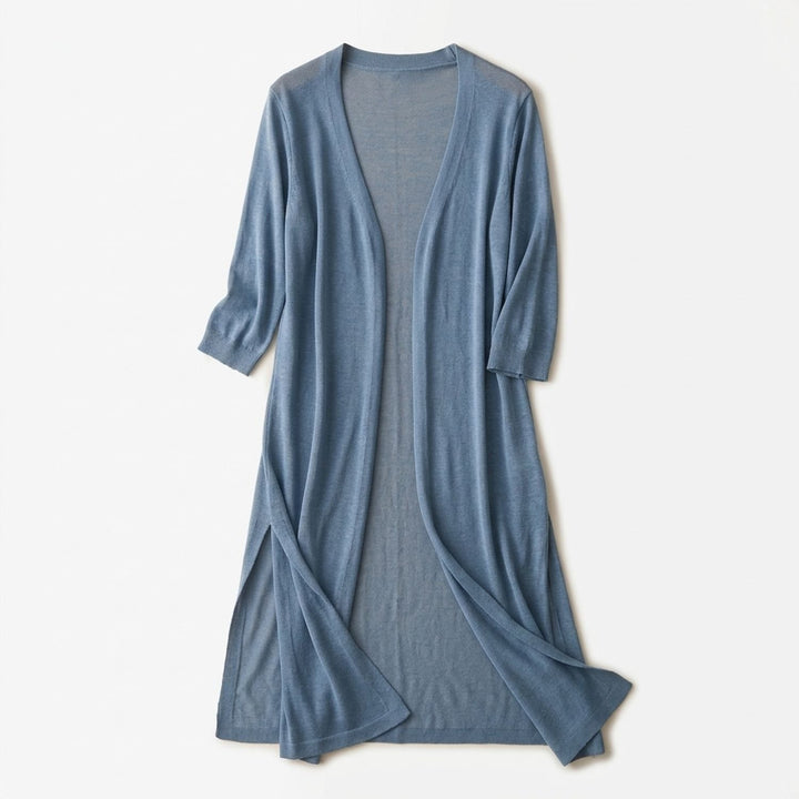 Women's Open-Front Long Cardigan 3/4 Sleeve Side-Slit Coatigan - Blue