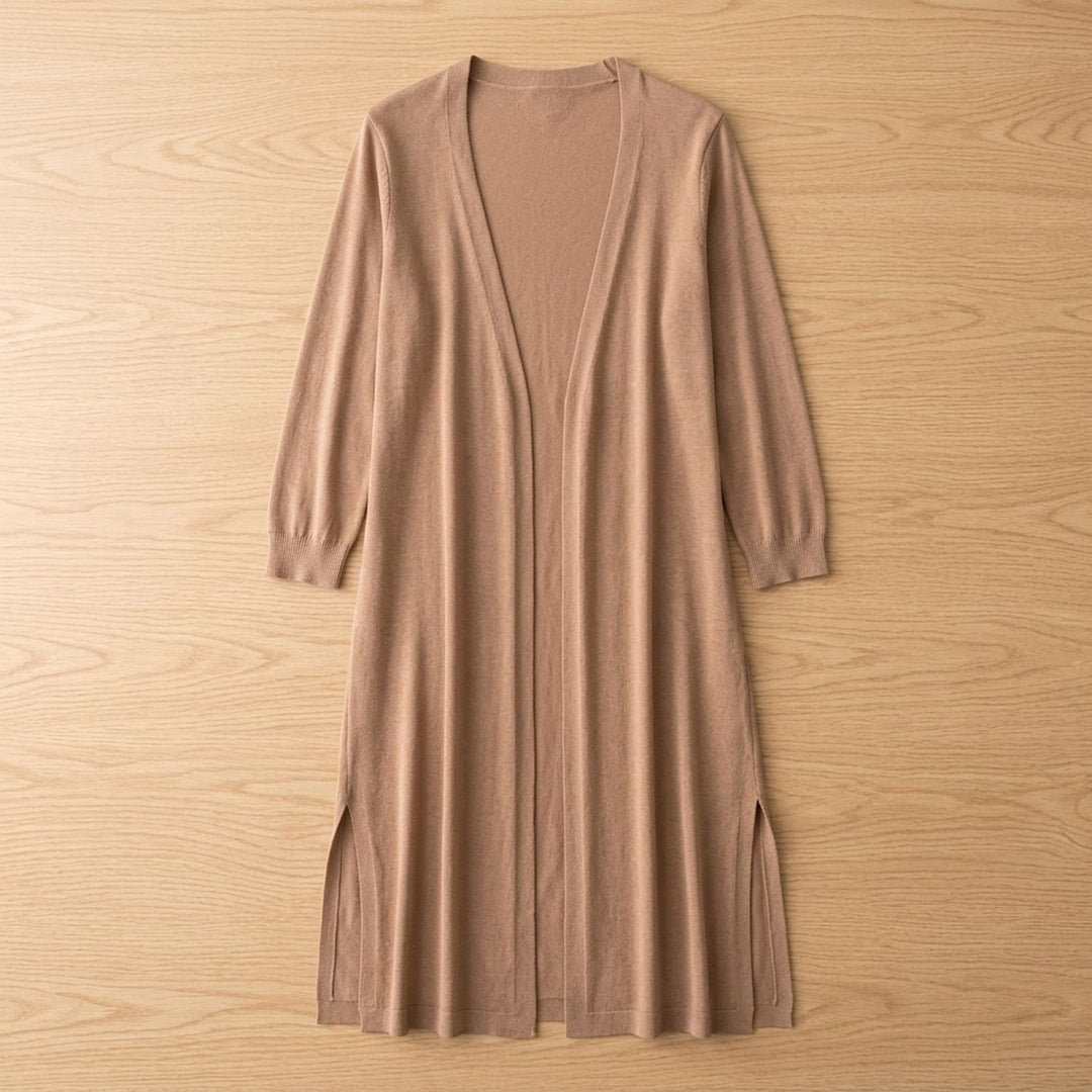 Women's Open-Front Long Cardigan 3/4 Sleeve Side-Slit Coatigan