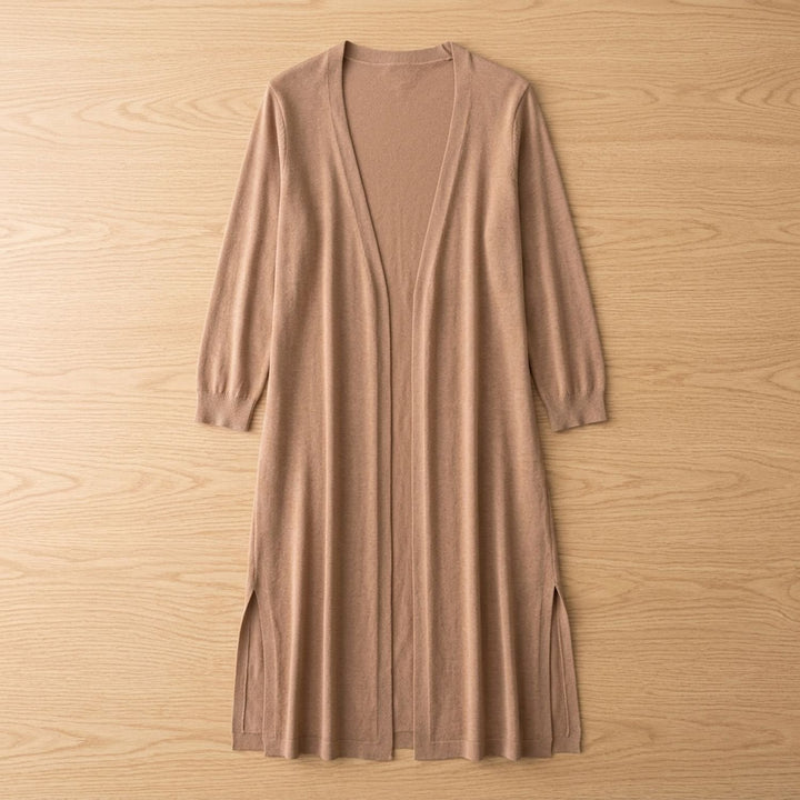 Women's Open-Front Long Cardigan 3/4 Sleeve Side-Slit Coatigan