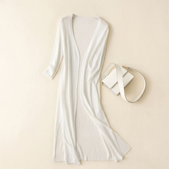 Women's Open-Front Long Cardigan 3/4 Sleeve Side-Slit Coatigan - White