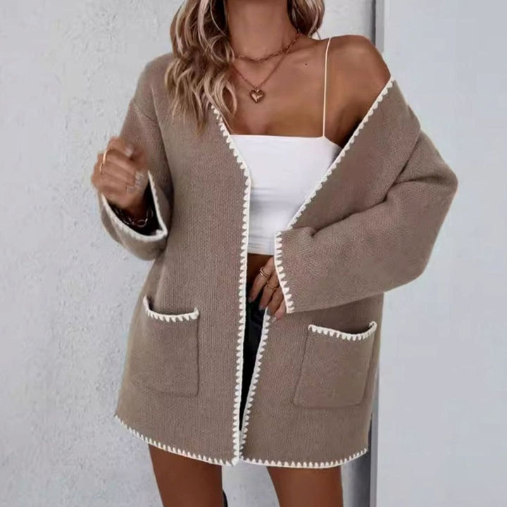 Women's Open Front Long Sleeve Knit Cardigan with Pockets - Camel