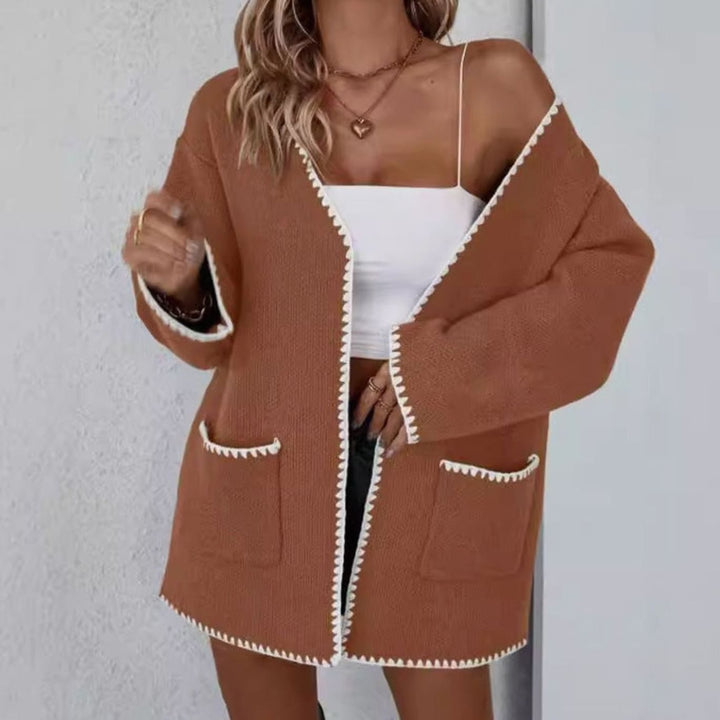 Women's Open Front Long Sleeve Knit Cardigan with Pockets - Caramel