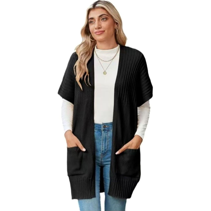 Women's Open-Front Short-Sleeve Knit Cardigan with Pockets - Black