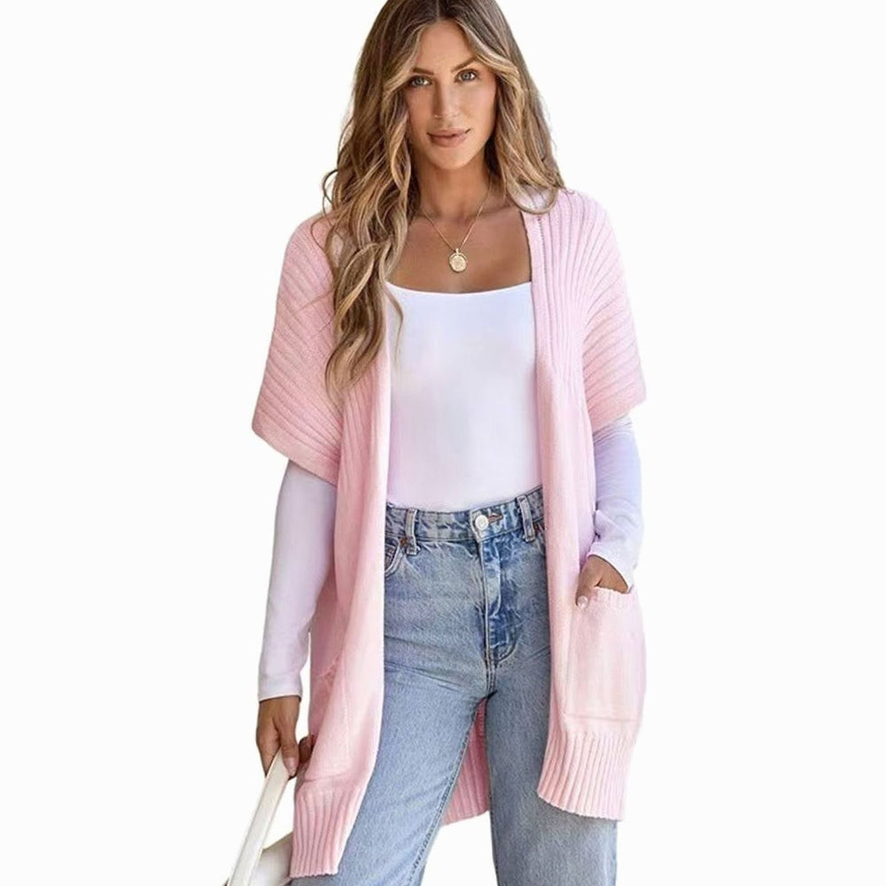 Women's Open-Front Short-Sleeve Knit Cardigan with Pockets - Pink