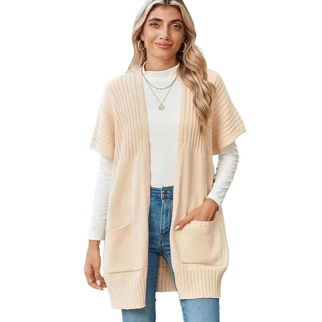 Women's Open-Front Short-Sleeve Knit Cardigan with Pockets - Apricot