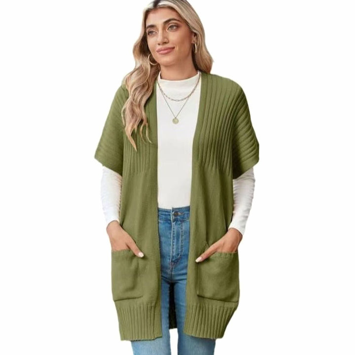 Women's Open-Front Short-Sleeve Knit Cardigan with Pockets - Army Green