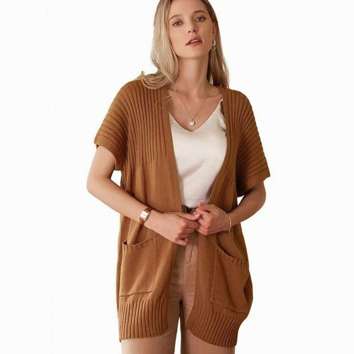 Women's Open-Front Short-Sleeve Knit Cardigan with Pockets - Brown