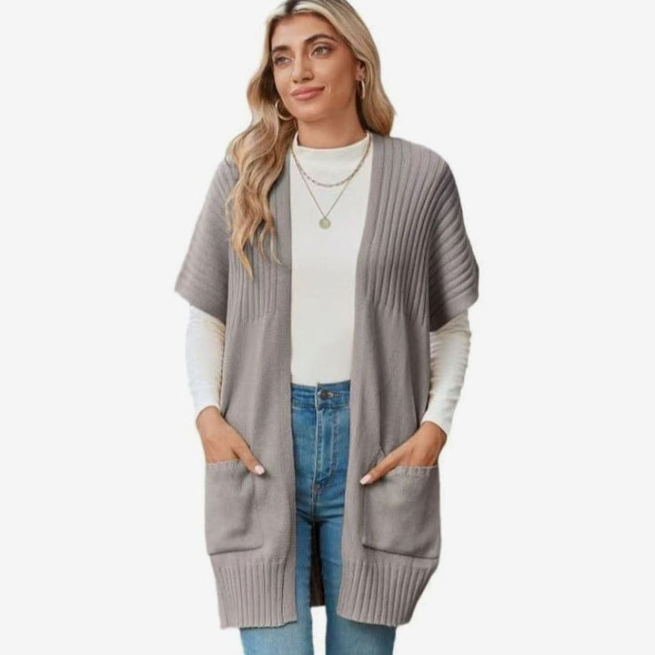 Women's Open-Front Short-Sleeve Knit Cardigan with Pockets - Light Gray