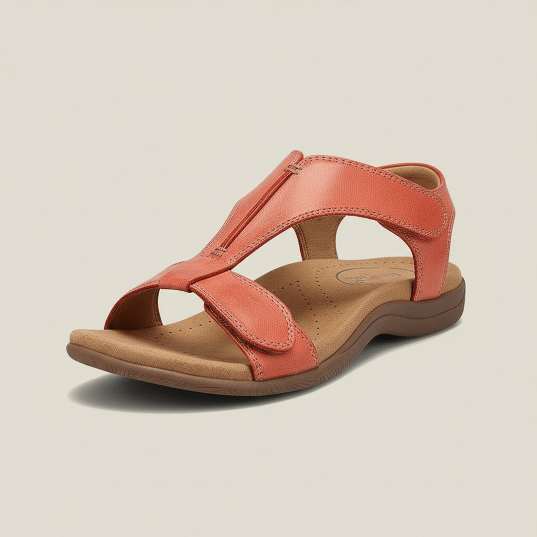 Women's Open-Toe Hook-Loop Comfortable Sandals Cushioned T-Strap - Sunset Orange