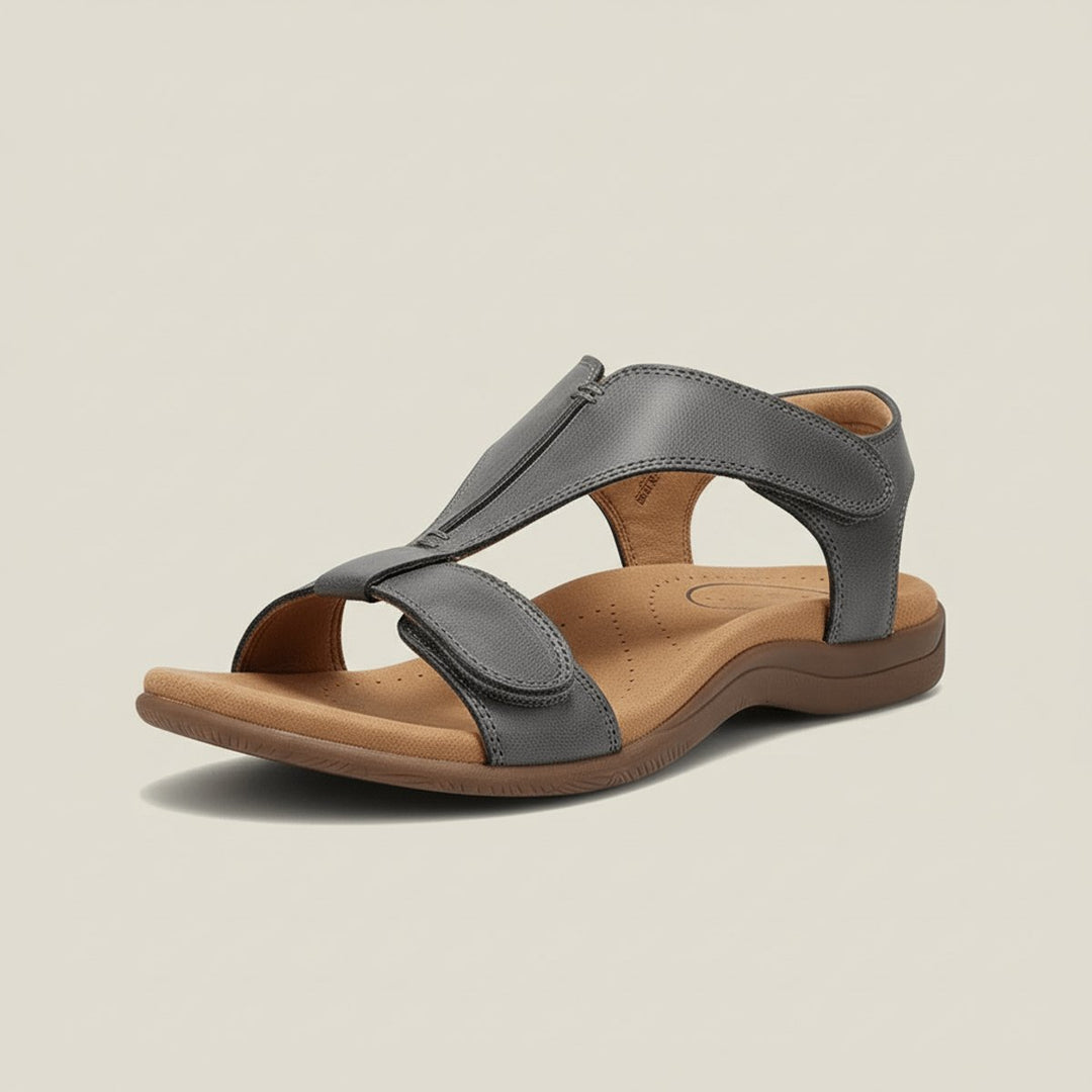 Women's Open-Toe Hook-Loop Comfortable Sandals Cushioned T-Strap - Charcoal Grey