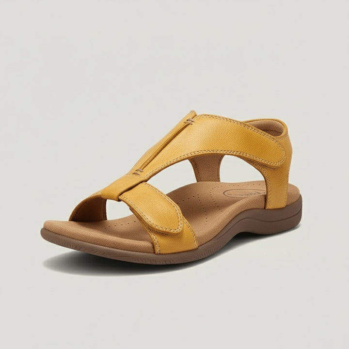 Women's Open-Toe Hook-Loop Comfortable Sandals Cushioned T-Strap - Mustard Yellow