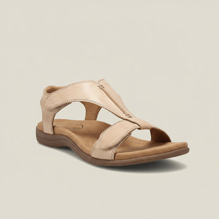 Women's Open-Toe Hook-Loop Comfortable Sandals Cushioned T-Strap - Nude Beige