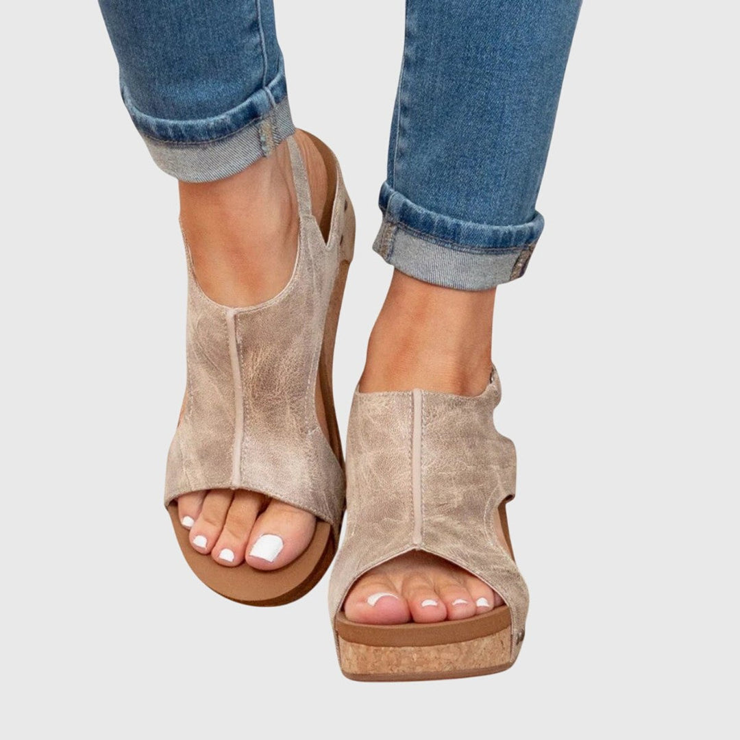 Women's Orthopedic Cork Wedge Open-Toe Comfortable Sandals - Beige