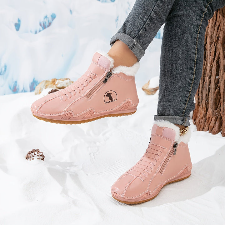 Women's Orthopedic Faux-Fur Lined Lace-Up Winter Ankle Boots - Pink