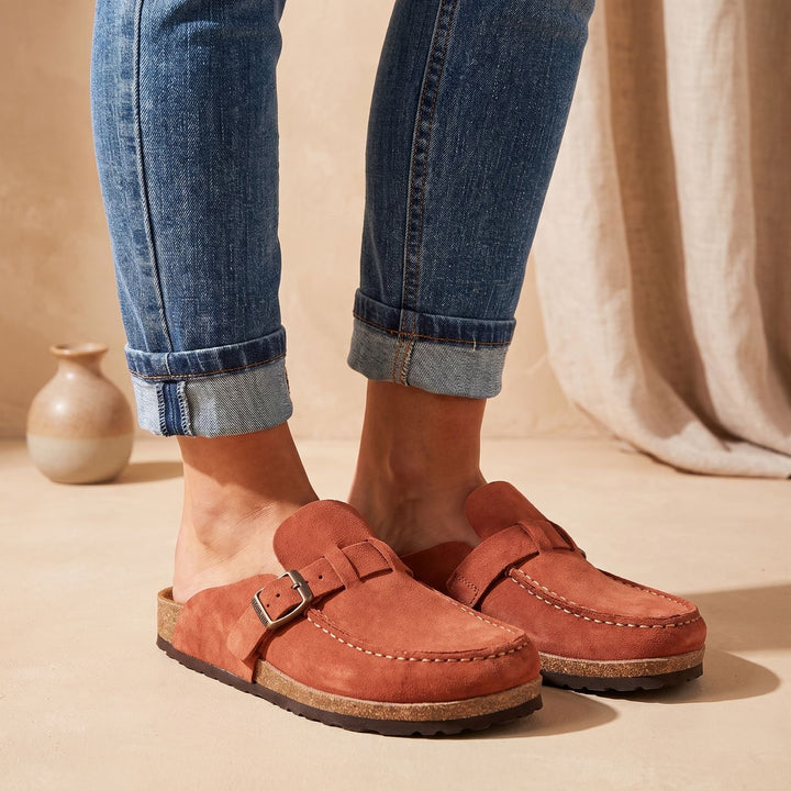 Women's Orthopedic Flat Suede Loafers Buckle Slip-On - Rust