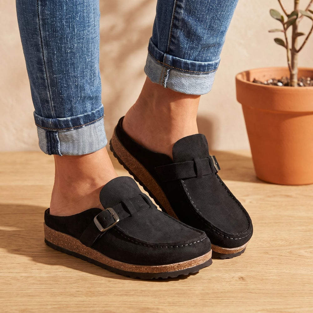 Women's Orthopedic Flat Suede Loafers Buckle Slip-On - Black