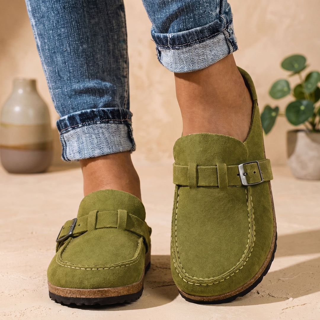 Women's Orthopedic Flat Suede Loafers Buckle Slip-On - Green
