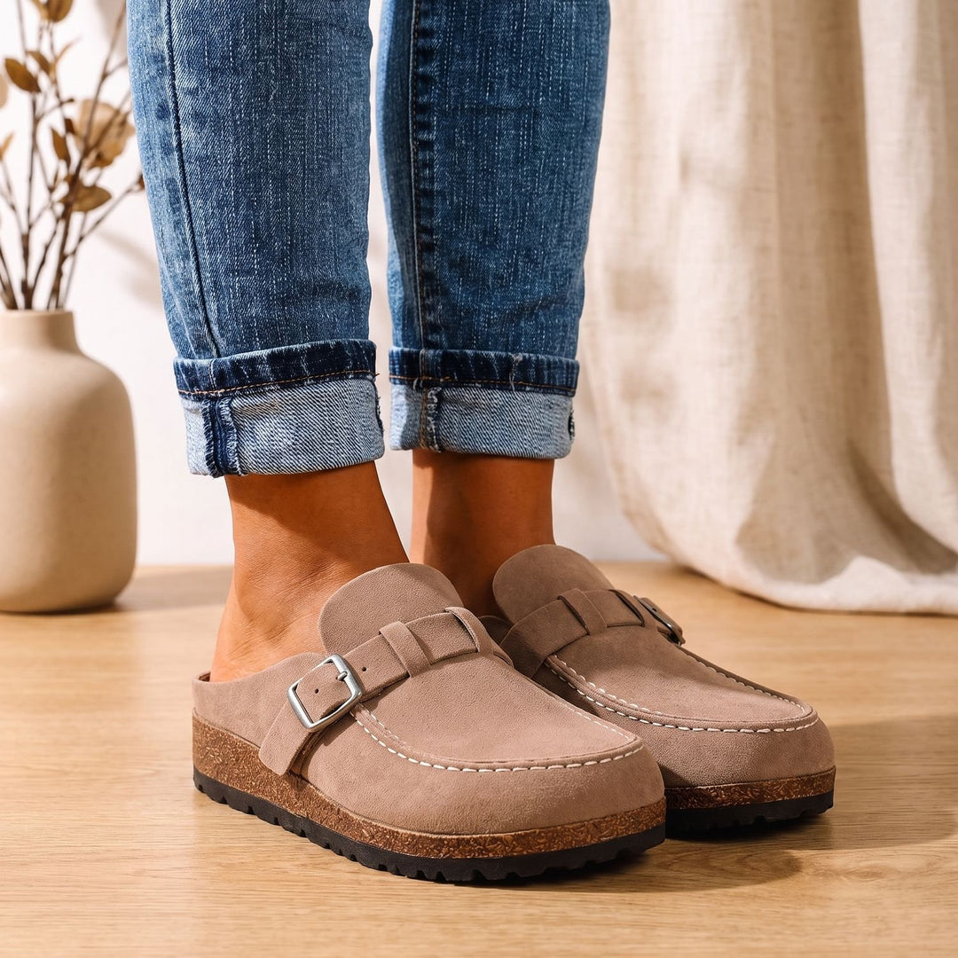 Women's Orthopedic Flat Suede Loafers Buckle Slip-On - Khaki