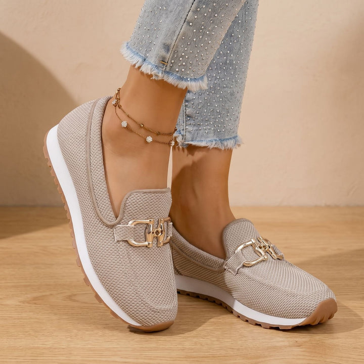 Women's Orthopedic Flats Slip-On Loafers Gold Horsebit Detail - Beige