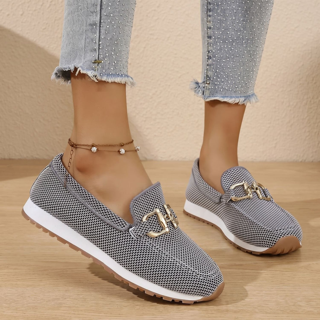 Women's Orthopedic Flats Slip-On Loafers Gold Horsebit Detail - Grey