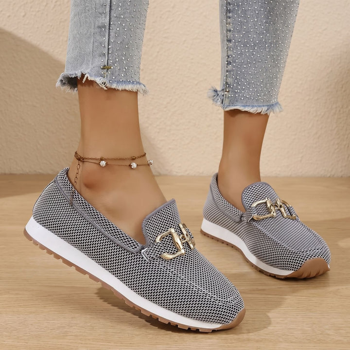 Women's Orthopedic Flats Slip-On Loafers Gold Horsebit Detail - Grey