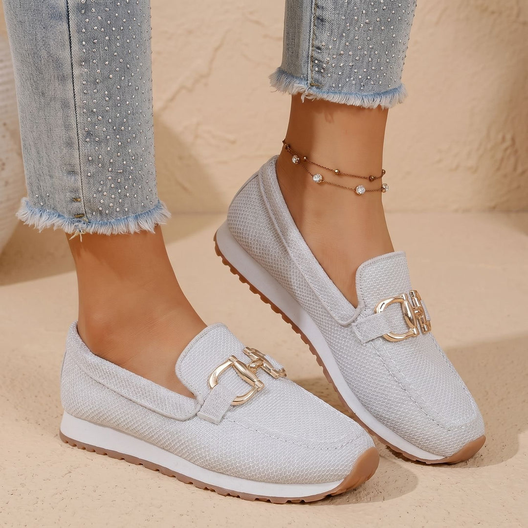 Women's Orthopedic Flats Slip-On Loafers Gold Horsebit Detail - White