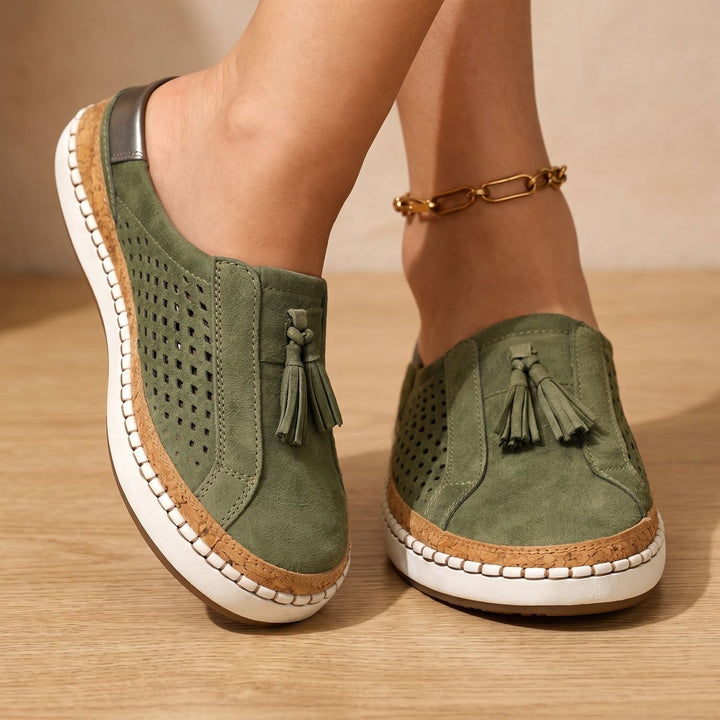 Women's Orthopedic Flats Slip-On Tassel Perforated Loafers - Green