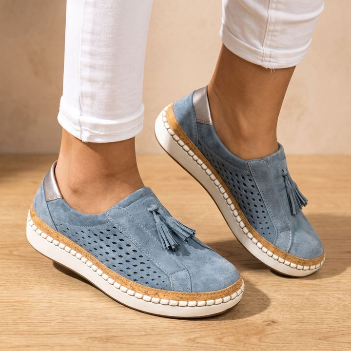 Women's Orthopedic Flats Slip-On Tassel Perforated Loafers - Blue