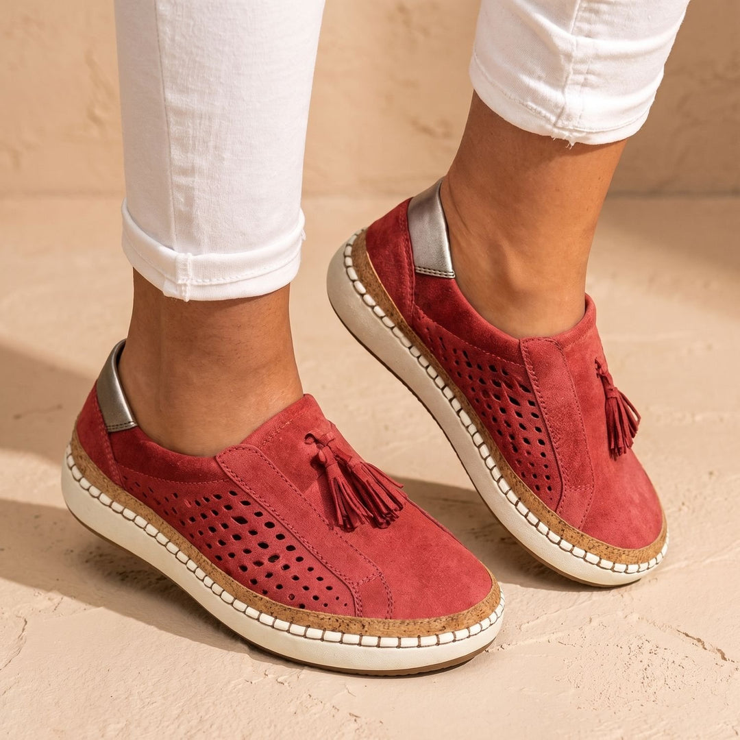 Women's Orthopedic Flats Slip-On Tassel Perforated Loafers - Red