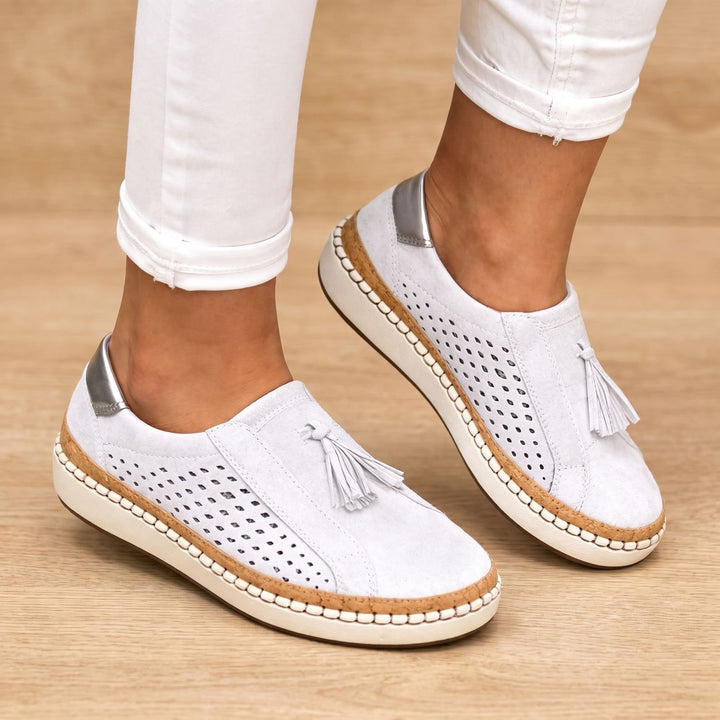 Women's Orthopedic Flats Slip-On Tassel Perforated Loafers - White