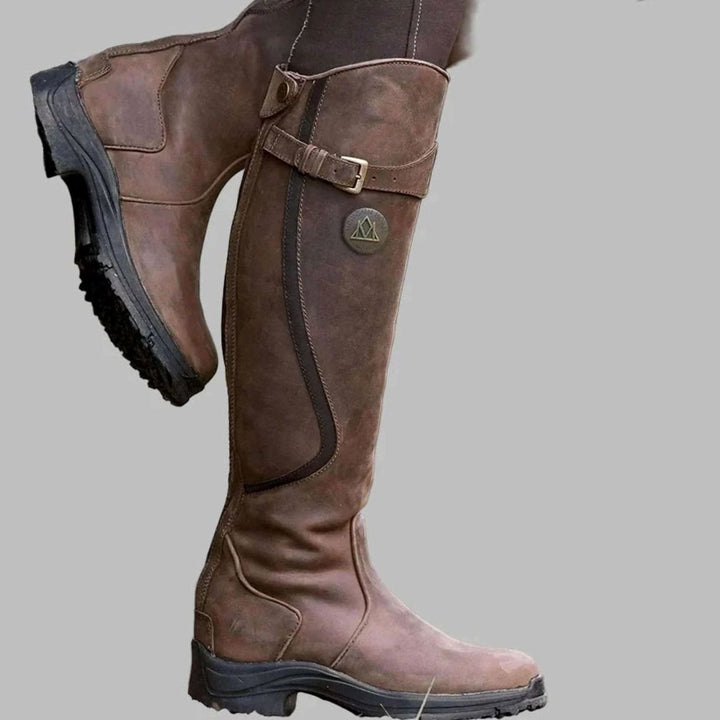Women's Orthopedic Knee-High Buckle Leather Boots - Dark Brown