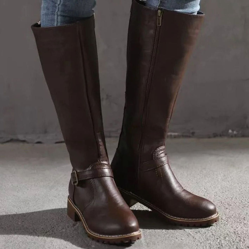 Women's Orthopedic Knee-High Buckle Leather Boots - Dark Brown