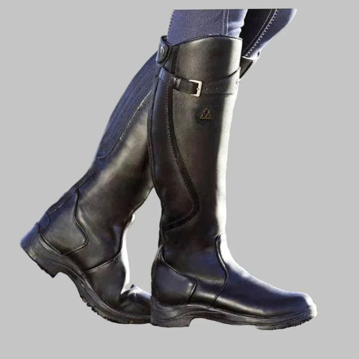 Women's Orthopedic Knee-High Buckle Leather Boots - Black