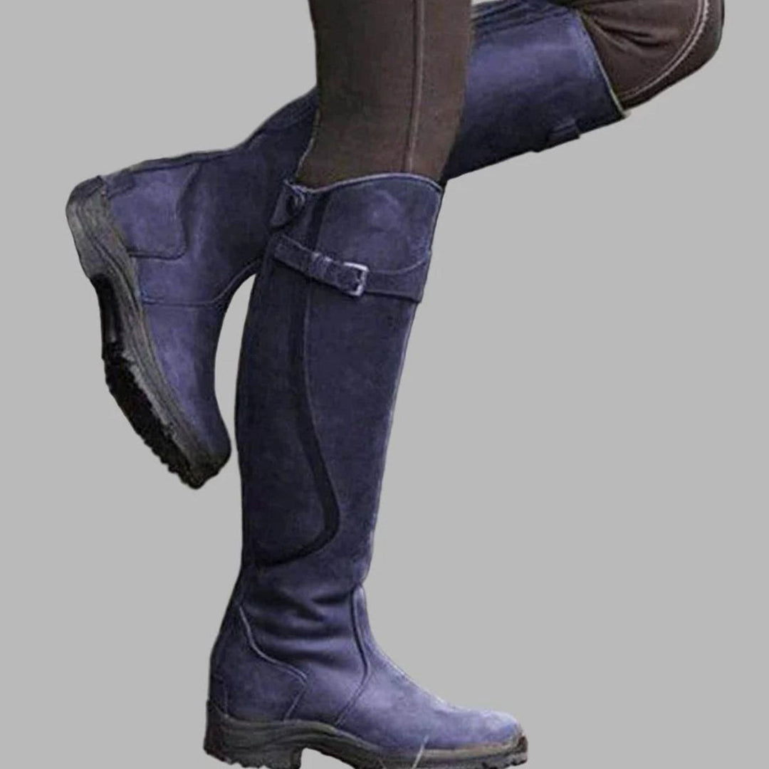 Women's Orthopedic Knee-High Buckle Leather Boots - Blue