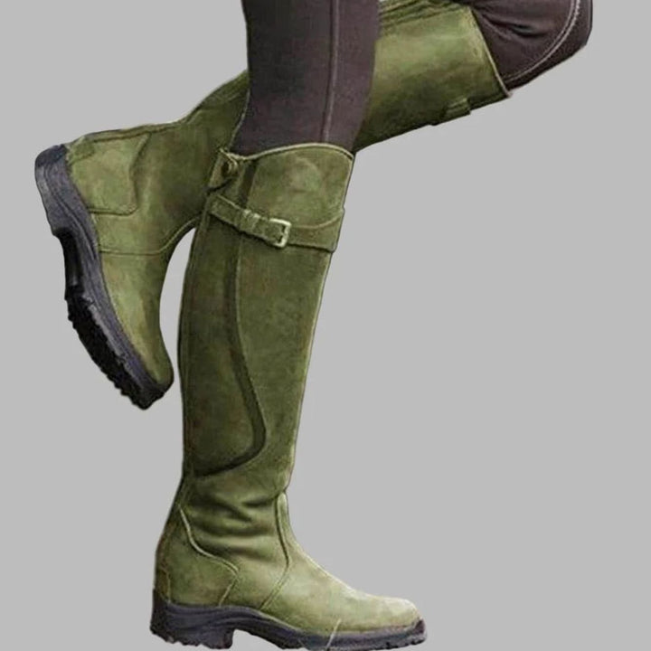 Women's Orthopedic Knee-High Buckle Leather Boots - Green