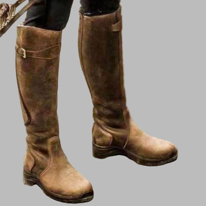 Women's Orthopedic Knee-High Buckle Leather Boots - Brown