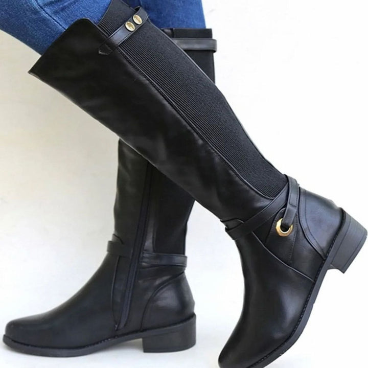 Women's Orthopedic Knee-High Elastic-Panel Leather Boots - Black