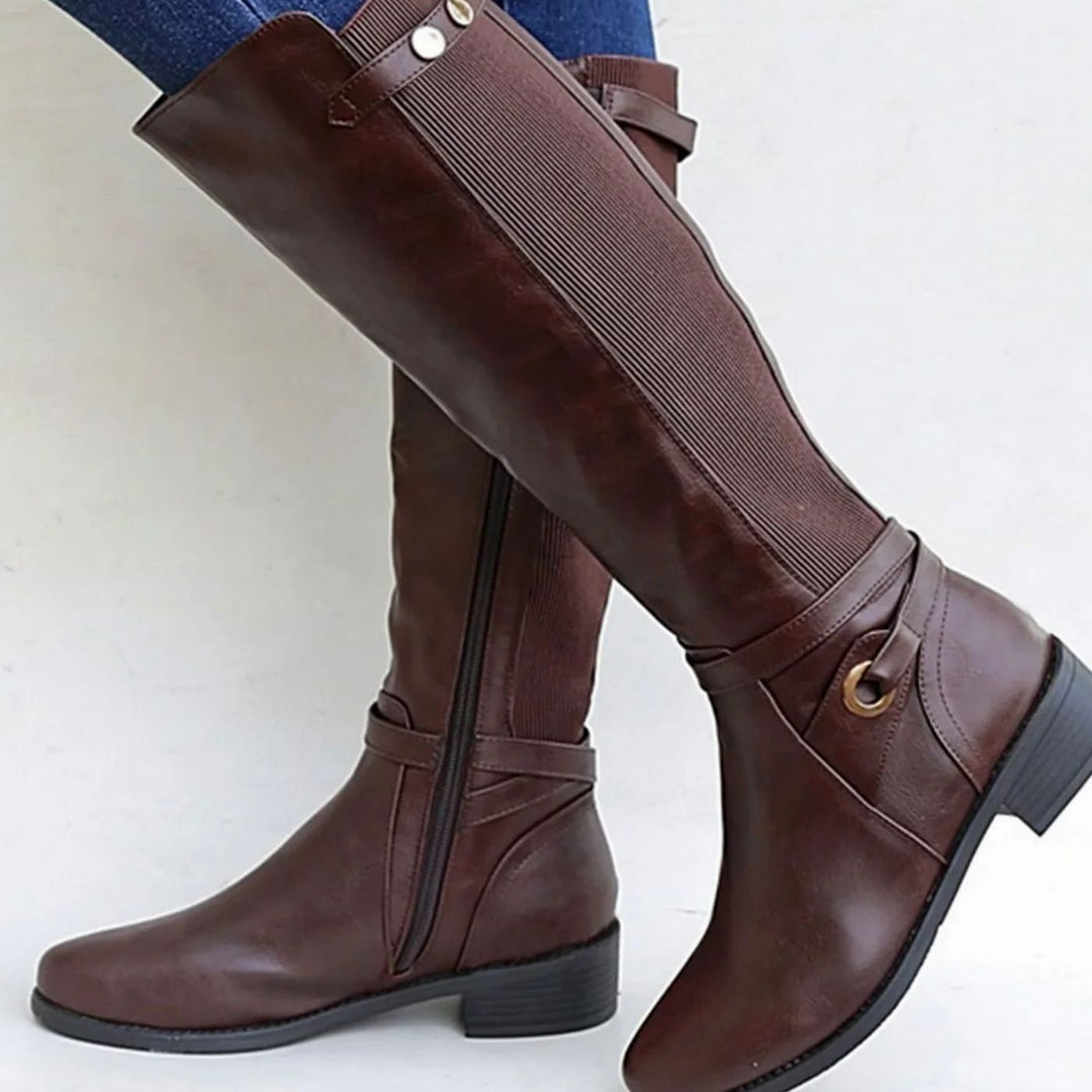 Women's Orthopedic Knee-High Elastic-Panel Leather Boots - Brown