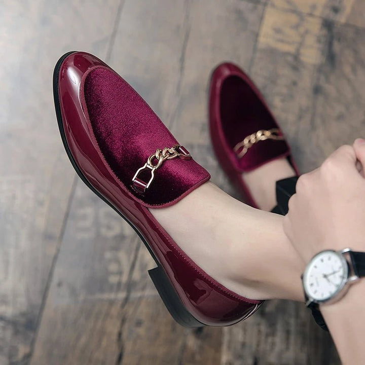 Women's Orthopedic Loafers Velvet Slip-On Chain Detail - Red