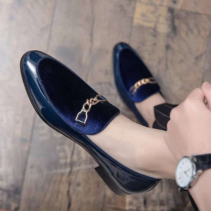 Women's Orthopedic Loafers Velvet Slip-On Chain Detail - Blue