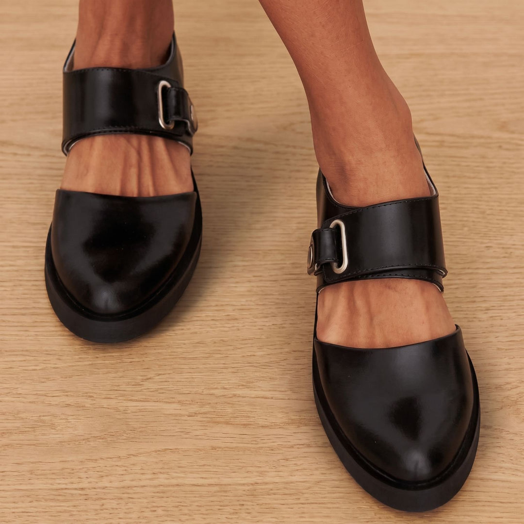 Women's Orthopedic Mary Jane Flats Wide-Strap Buckle Shoes - Black